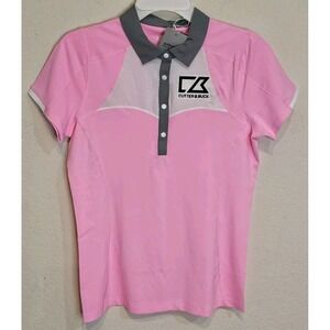 Annika Cutter & Buck Pink Gray White Womens‎ Golf Polo Shirt 4 Button Size S/P